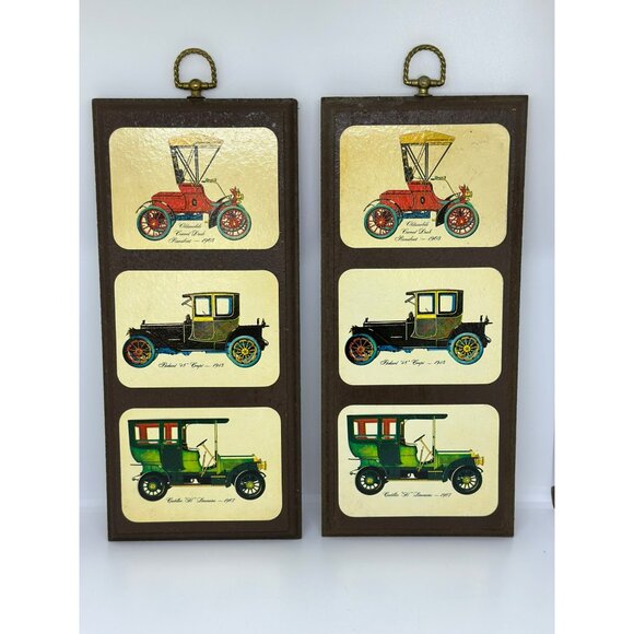 VTG 60s Antique Car Print Set-of-2 Wooden Wall Plaques Retro Nostalgic - Picture 1 of 10